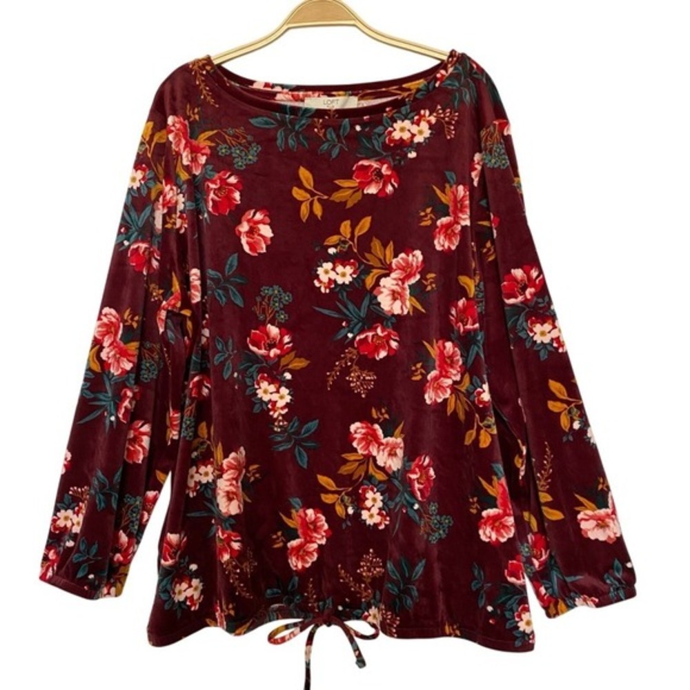 Loft Whimsigoth Floral Velour Top Women Plus 20/22 Burgundy Fall Cottagecore NWT